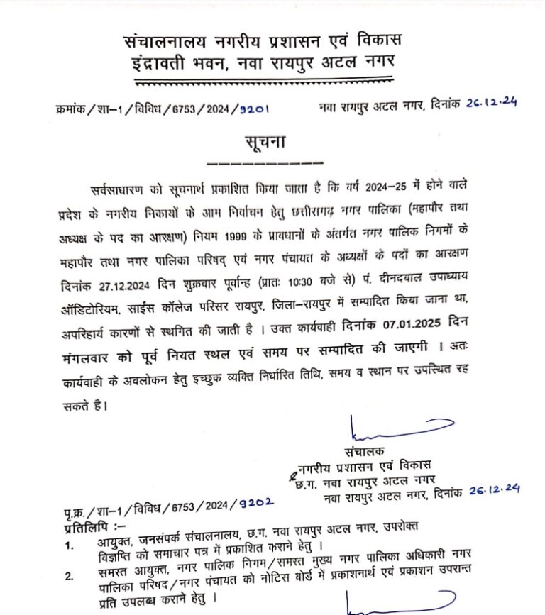 छत्तीसगढ़ बड़ी खबर : महापौर और अध्यक्ष पदों के आरक्षण की नई तिथि घोषित