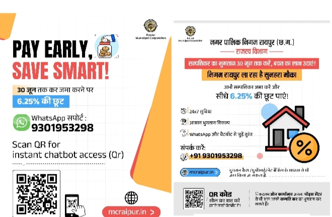 रायपुर नगर निगम में सम्पत्ति कर भुगतान के लिए डिजिटल विकल्पों पर 6.25% की छूट, 30 जून तक भुगतान अनिवार्य